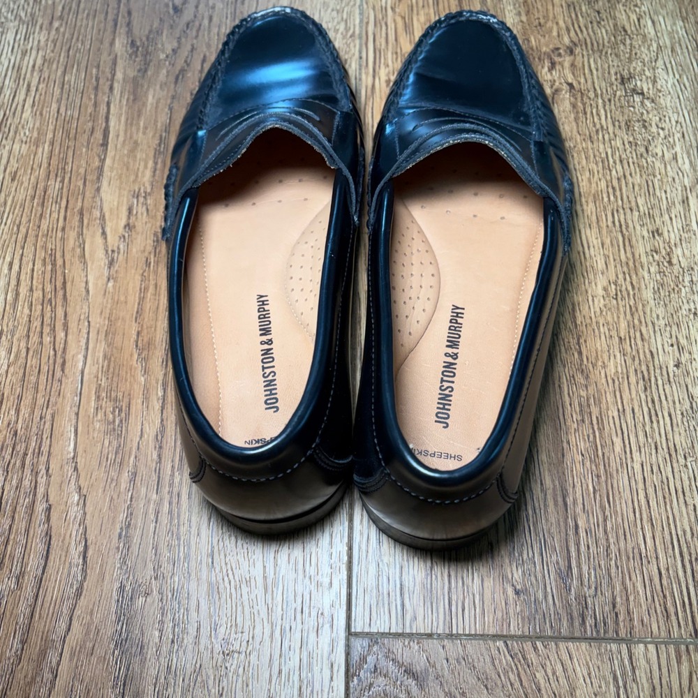 Johnston & Murphy Mens 9M Sheepskin Penny Loafers Black Leather Dress Shoes - Picture 5 of 12
